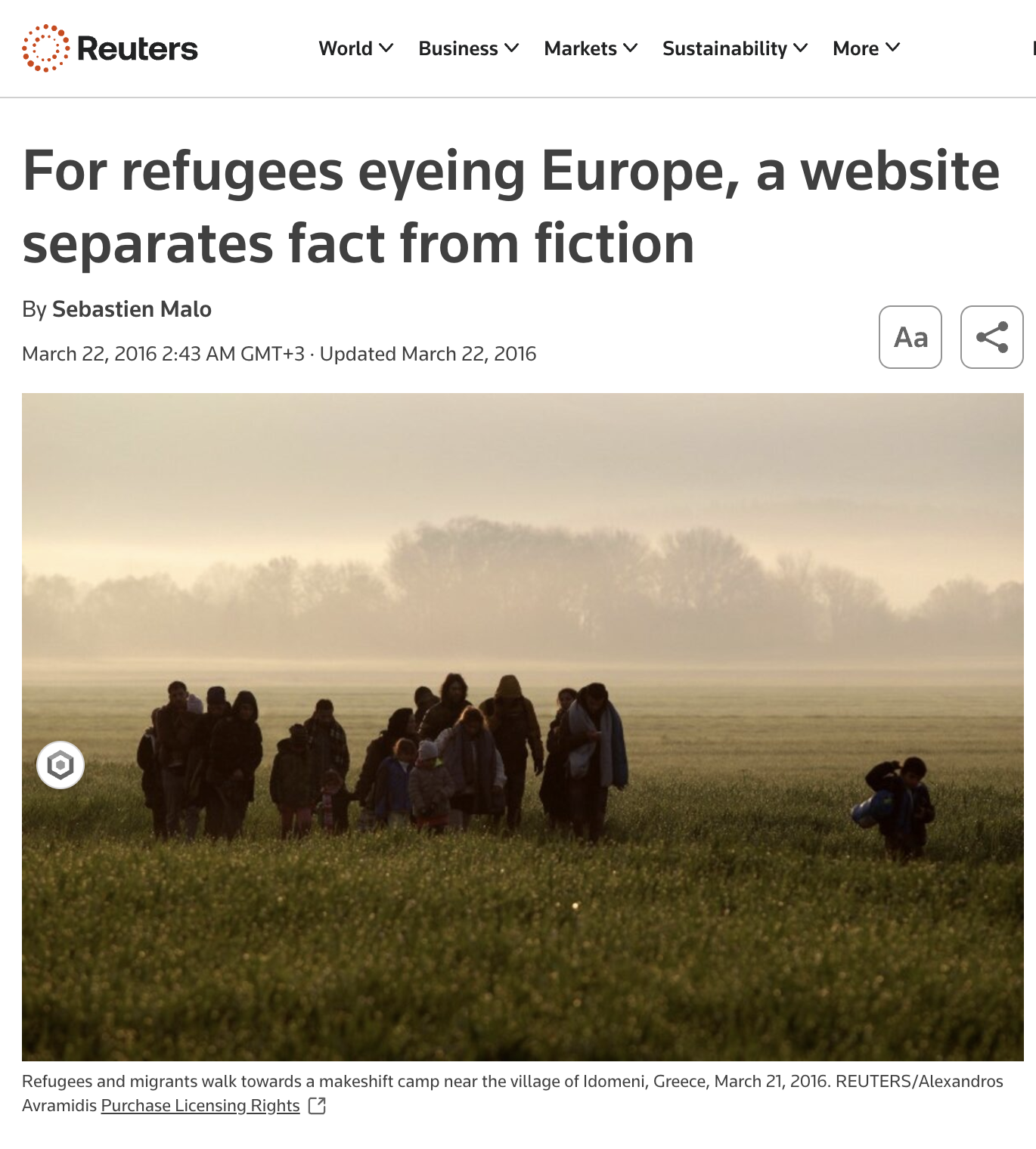 For refugees eyeing Europe, a website separates fact from fiction (Reuters, 2016)